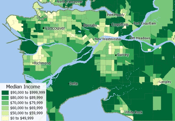 Canada income map created with Maptitude Tetrad PCensus replacement