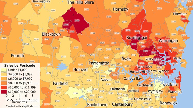 Maptitude Australia postcode mapping software lets you see your data attached to postcodes