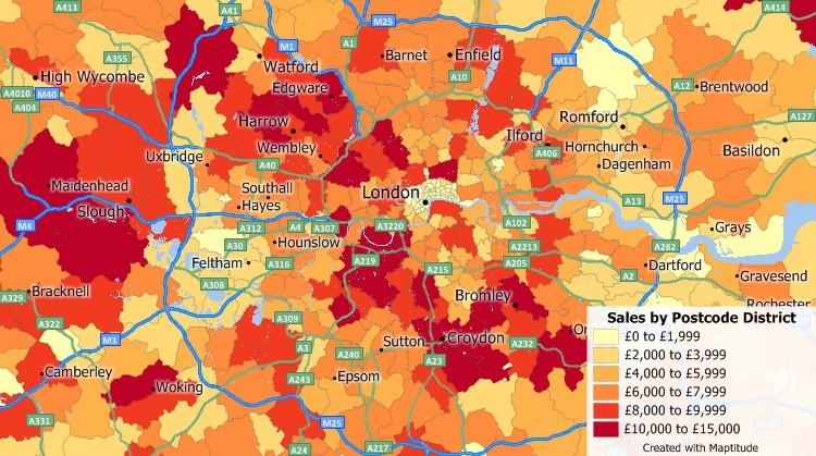 Aggregate your UK customer data by postal code with Maptitude customer mapping tool