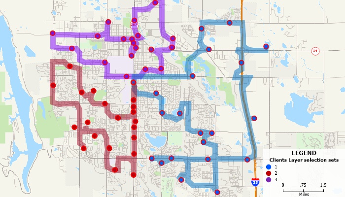 Maptitude map with several routes for multiple deliveries