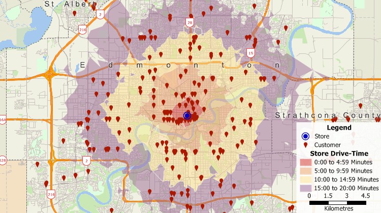 Geocoded customer locations map and drive-time rings using Maptitude, the alternative to Delorme Street Atlas