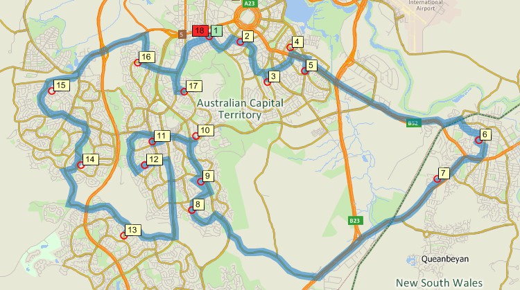 Maptitude GIS map of shortest path delivery route returning to origin in Canberra, Australia