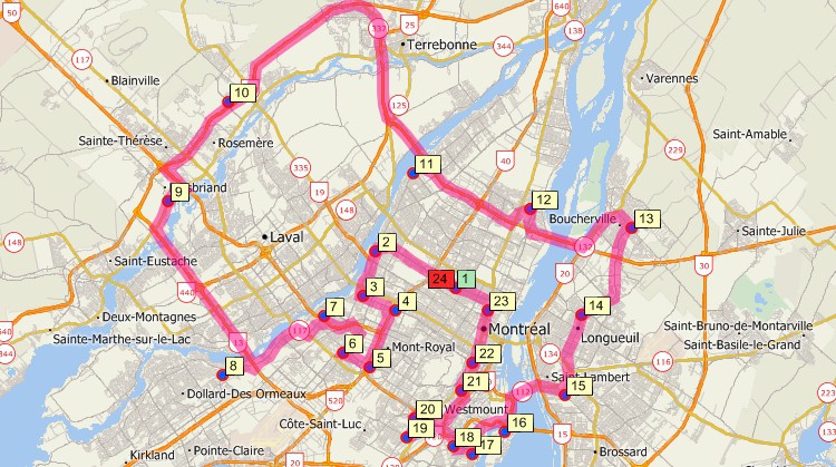 Maptitude GIS map of shortest path delivery route returning to origin in Montreal, Canada
