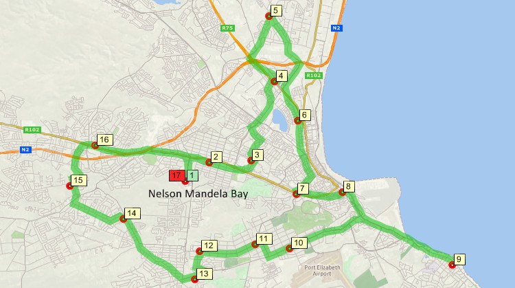 Maptitude GIS map of shortest path delivery route returning to origin in Nelson Mandela Bay, South Africa