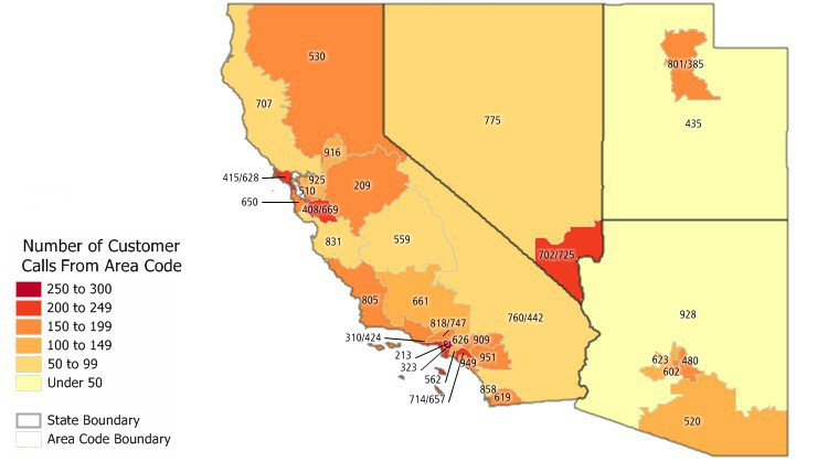 Maptitude telephone area code mapping of customer data