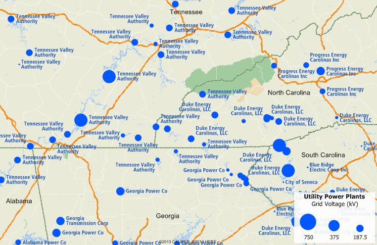 Maptitude map of electric utility power plants with size theme on grid voltage