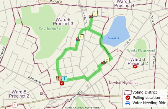 Map of route to pick up voters and get them to polling place