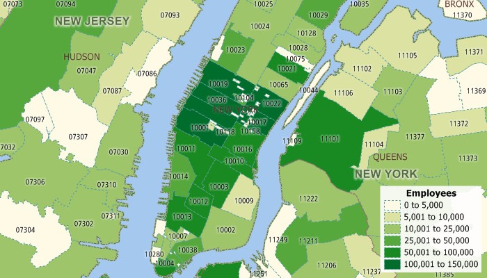Map of ACS and ZBP ZIP Code data showing New York employment by ZIP Code