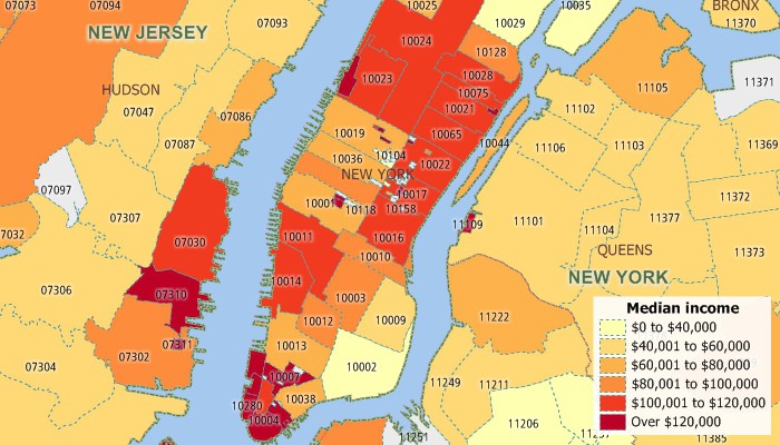What is an attribute/Attribute definition: Maptitude map showing name and income attributes of ZIP Codes using labels and colors