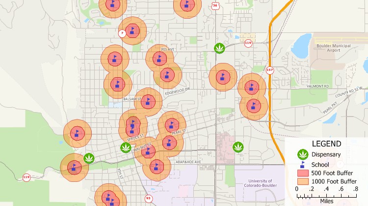 Maptitude marijuana dispensary mapping software: marijuana dispensary location mapping example of dispensaries and exclusionary buffers