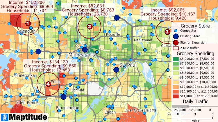 Map of grocery consumption spending and grocery store locations