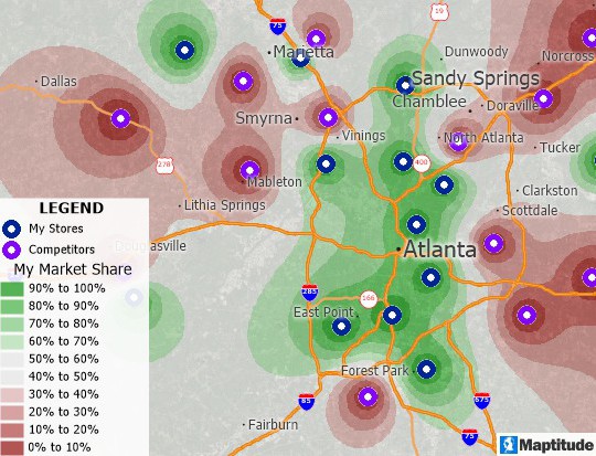 Maptive replacement - Huff Model market share map created with Maptitude mapping software