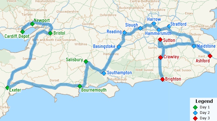 Maptitude map of multi-day route