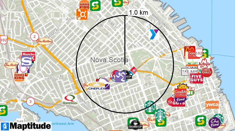 Map of restaurants, entertainment, and fitness and 1km buffer