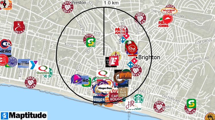 Map of restaurants, entertainment, and fitness and 1km buffer