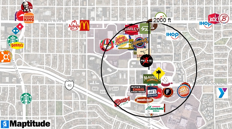 Map of restaurants, entertainment, and fitness and 2000 foot buffer