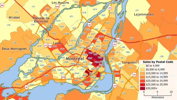 Maptitude Postcode Mapping Software for Canada lets you attach your data to postcodes