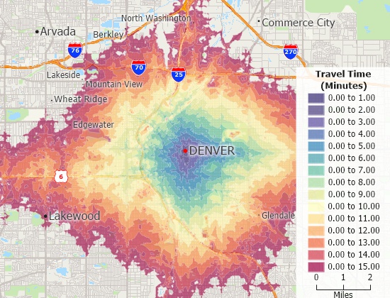 Drive-time radius map in one-minute intervals with a choropleth theme