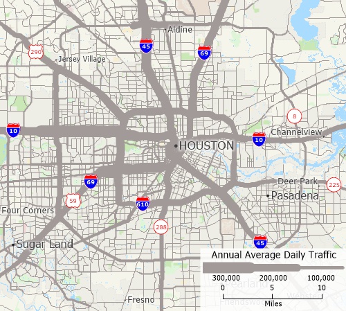 What is a size theme: Sample Maptitude map that shows highway traffic where highways shown with wider lines have more traffic