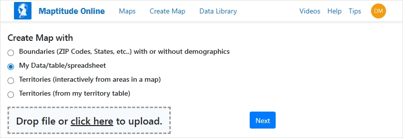 Maptitude Online Create a Map Wizard: uploading a customer list spreadsheet in a web browser