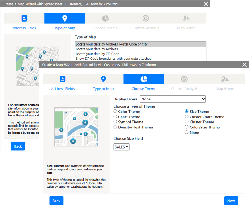 Maptitude Online Create a Map Wizard: selecting location field and map style for a customer listfor a customer list