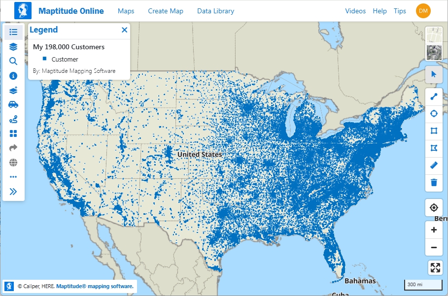 Maptitude Online Create a Map Wizard: finished interactive customer location map displayed in a web browser