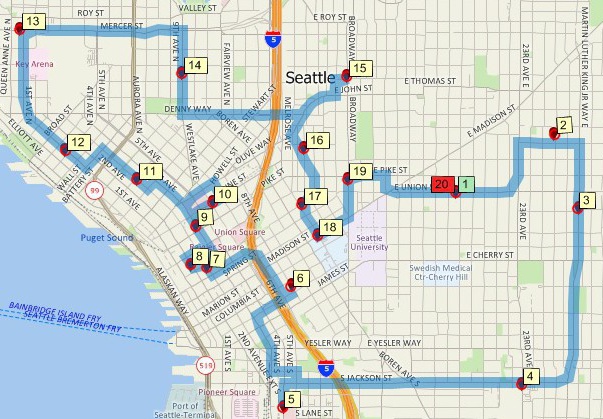 Minimum driving time route map that services multiple locations using Maptitude, the alternative to Microsoft streets and trips