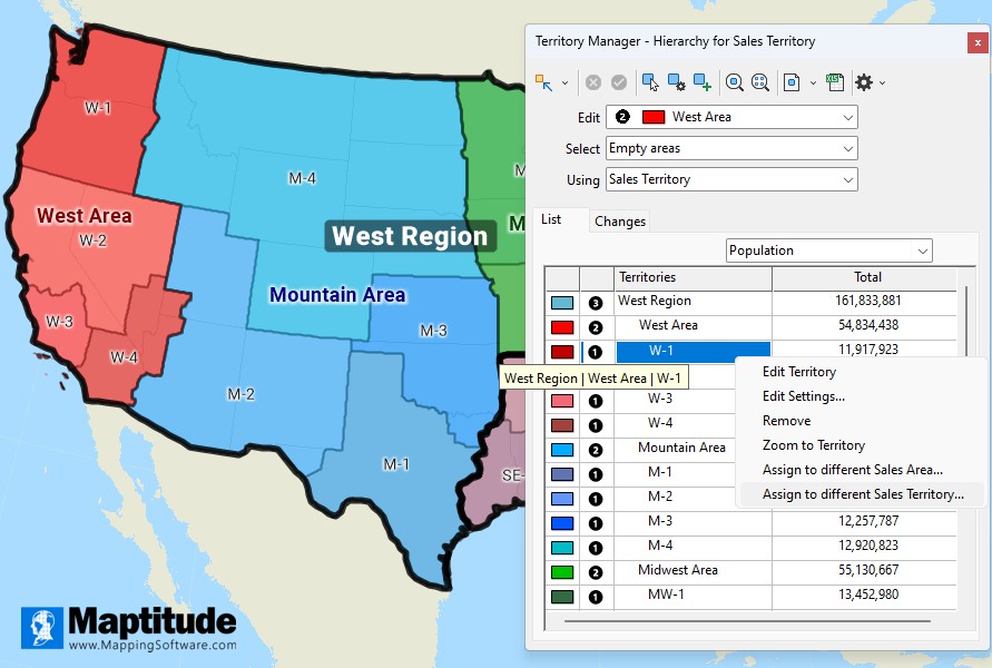 Maptitude 2026 Territory Manager: a right-click menu reassigning territory W-1 to a different sales area or sales territory, the active West Area sorted to the top of its hierarchy level ahead of Mountain Area and Midwest Area, and a hover tooltip showing the West Region | West Area | W-1 path
