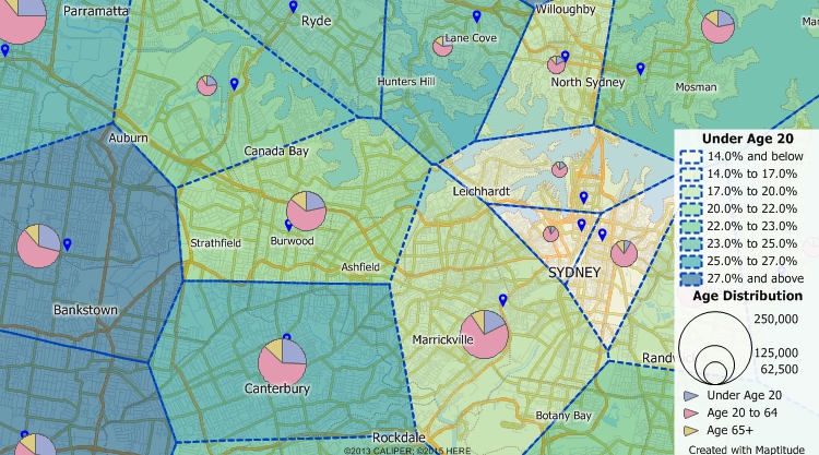 Maptitude GIS map of area-of-influence territories around sites in Sydney, Australia