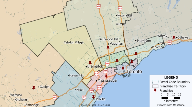 Maptitude Canada GIS map of territories built from Toronto, Canada postal areas