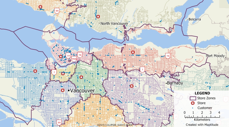 Maptitude GIS map of territories based on drive-time to nearest store in Vancouver, Canada