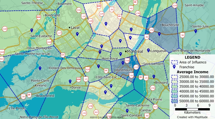 Maptitude Canada GIS map of area-of-influence territories around sites in Montreal, Canada