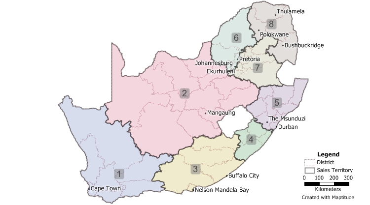 Maptitude GIS map of territories built from South Africa districts