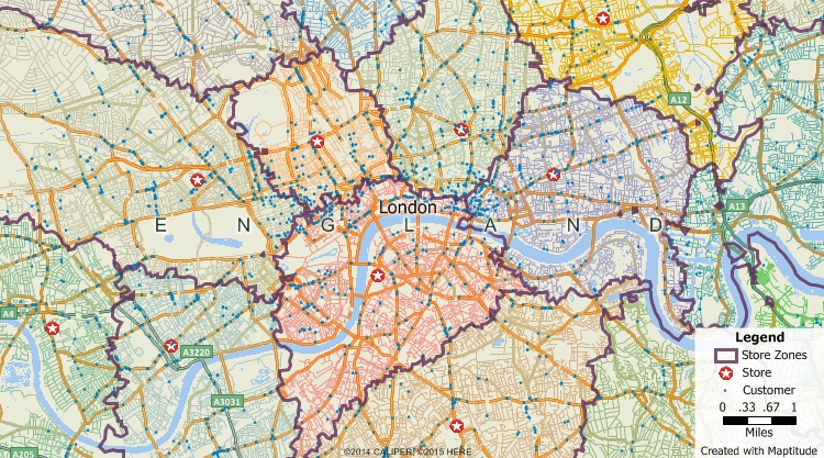 Maptitude GIS map of territories based on drive-time to nearest store in London, United Kingdom