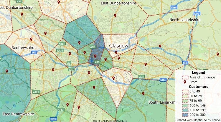 Maptitude GIS map of area-of-influence territories around sites in Glasgow, United Kingdom