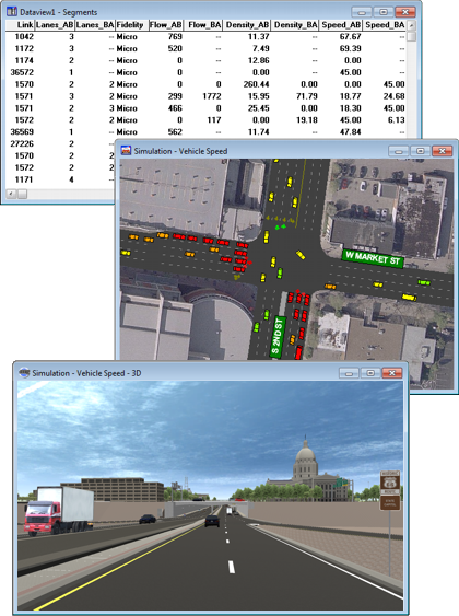 TransModeler Dataview, Map Simulation, and 3D Simulation Windows