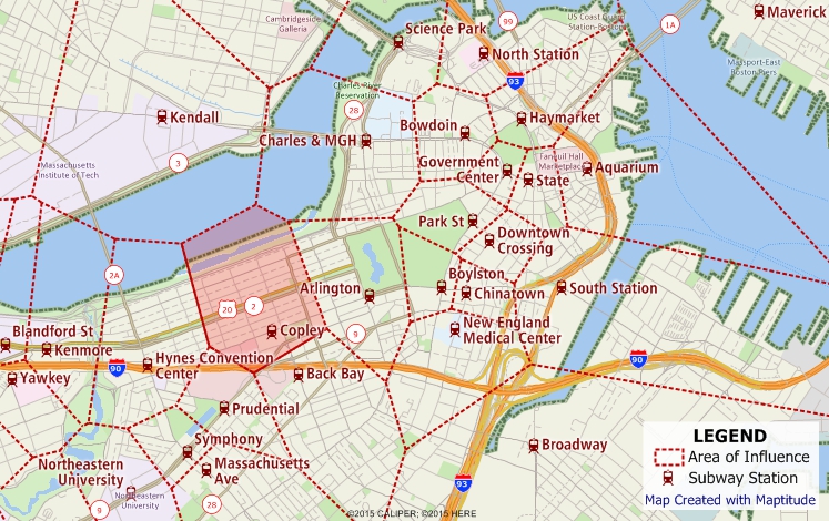 What is an area of influence/Area of influence definition: Map of areas of influence around subway stations created with Maptitude mapping software