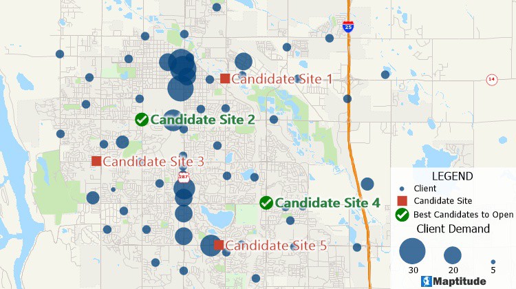 Facility location map with best two candidate facilities identified