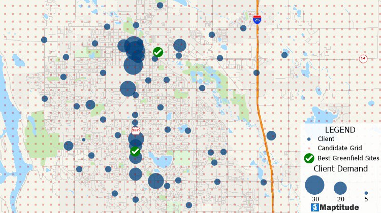 Facility location greenfield analysis map with best two locations identified