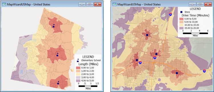 Map showing 1-mile driving distance rings around schools and map showing 5-minute drive-time rings around stores