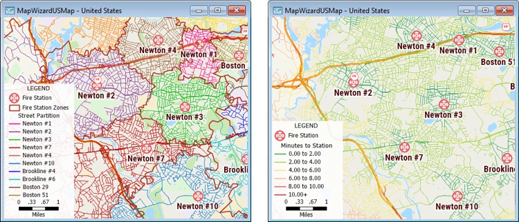 Maps showing zones of streets based on closest fire station and distance to nearest fire station from every street