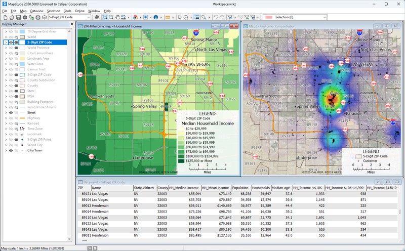 Maptitude desktop screen with map windows and dataview