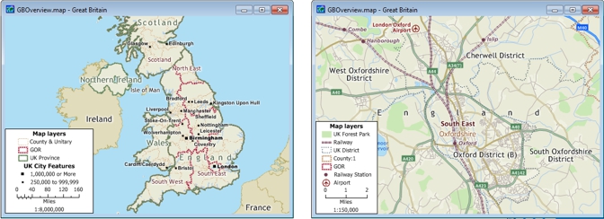 A small scale map showing the provinces of the United Kingdom and  a larger scale map zoomed in to the streets of Oxford