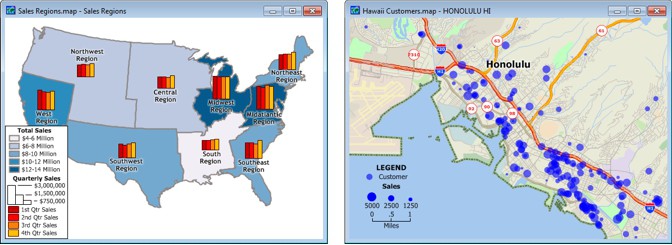 Sales territories with a color and chart theme showing sales and a point layer of customers with different sizes indicating sales