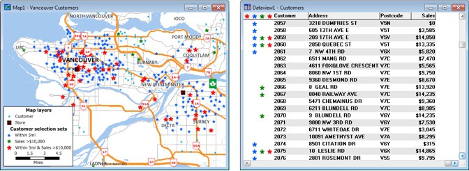 Map and dataview showing customers filtered based on distance to stores and sales volume