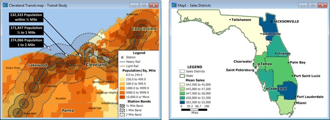Transit study with population bands and territory map with sales data