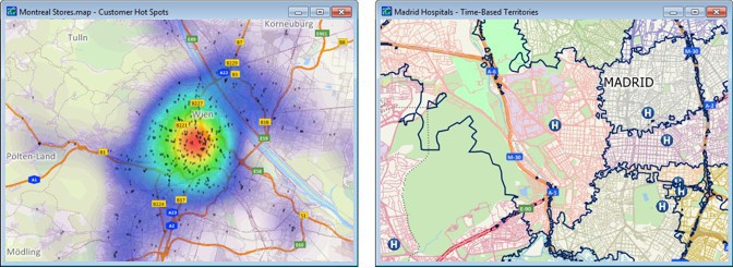 Heat map of customer locations and territories based on drive-time to nearest hospital