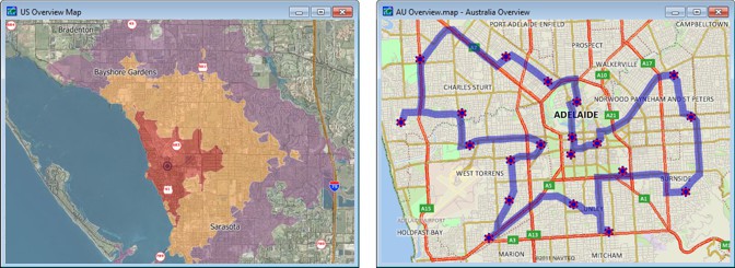 Maps showing drive-time rings around a location and a route servicing multiple stops