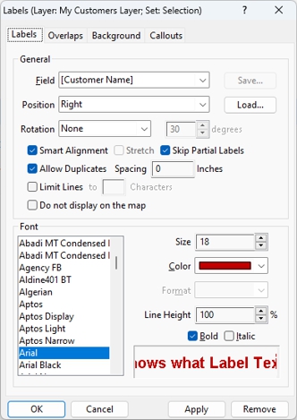 Labels dialog box