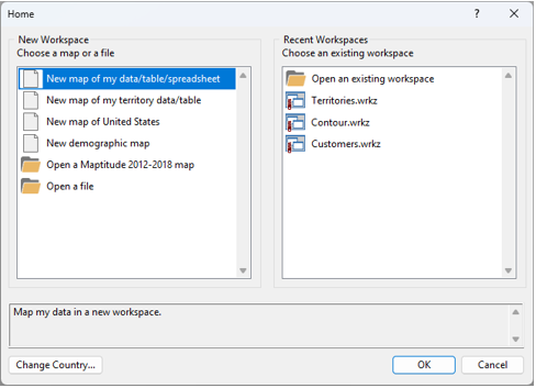 Home dialog workspace options